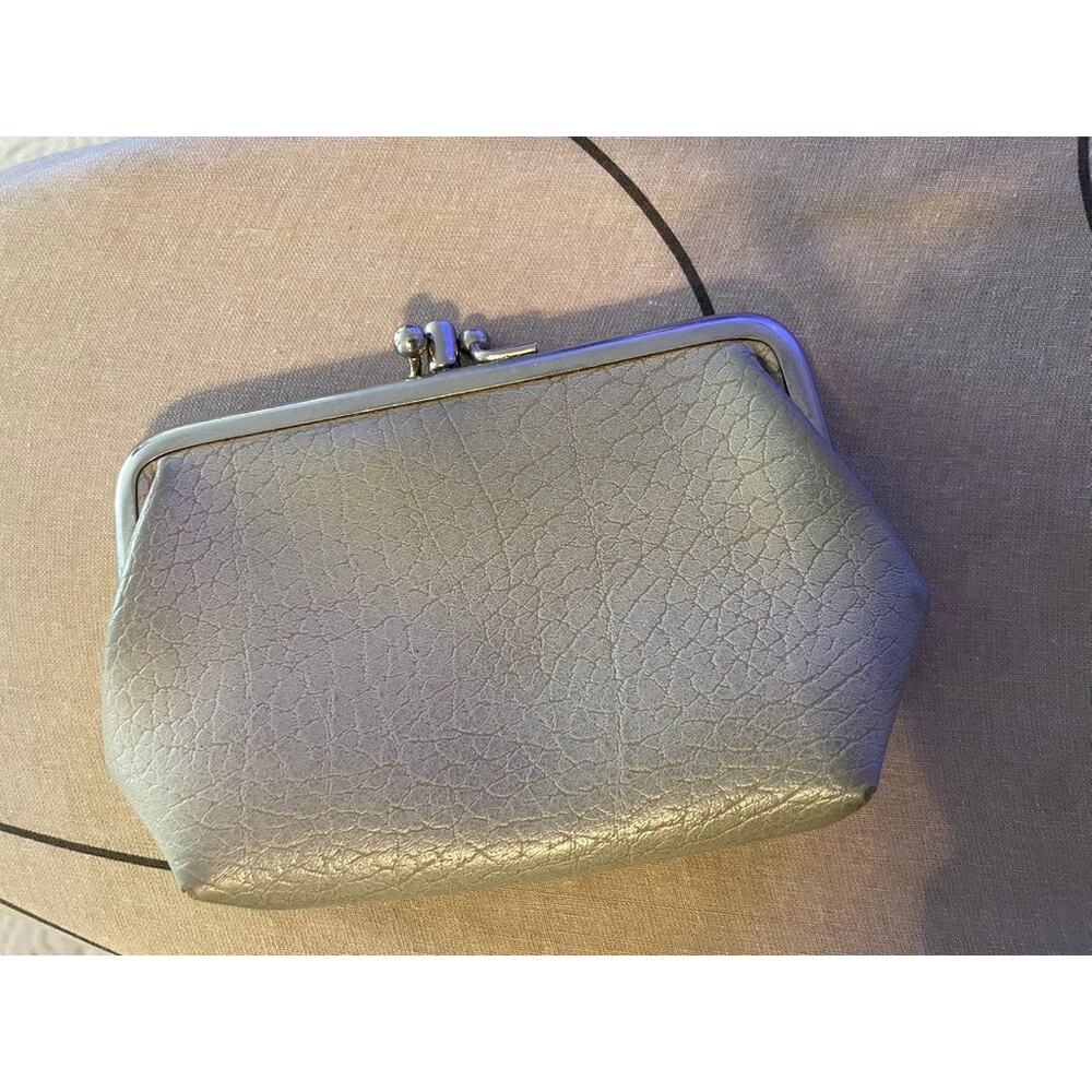 Vintage Gray Leather Kiss Lock Coin Purse Double Compartment Retro